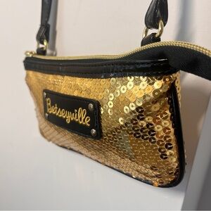 Vintage Betseyville Betsey Johnson Gold Sequin Y2K Crossbody Purse Black Patent